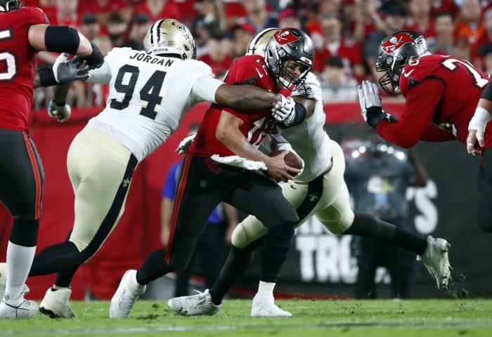 New Orleans Saints defensive end Cameron Jordan (94) sacks Tampa Bay quarterback Tom Brady (12). Mandatory Credit: Kim Klement-USA TODAY